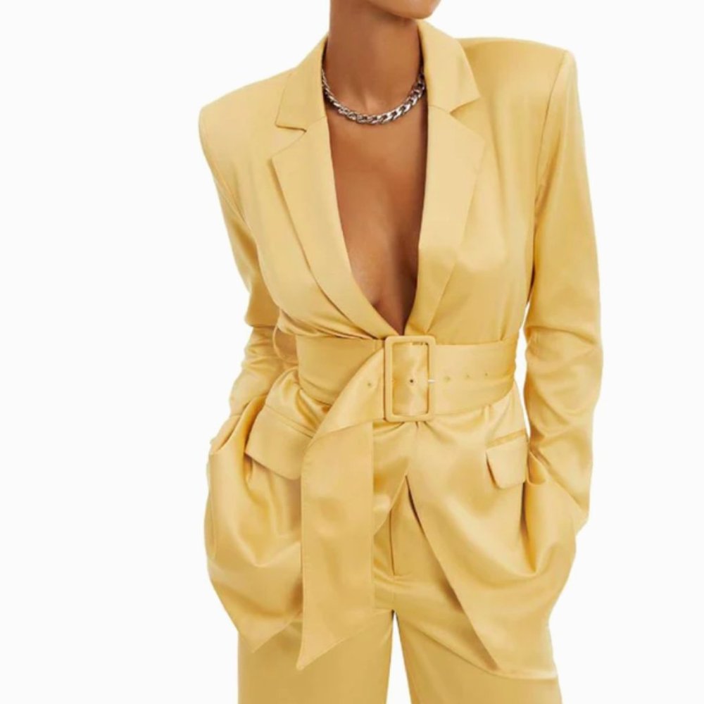 ✨💰DANIELLE BERNSTEIN NWT XS SATIN YELLOW BLAZER BELTED blogger’s favorite chic